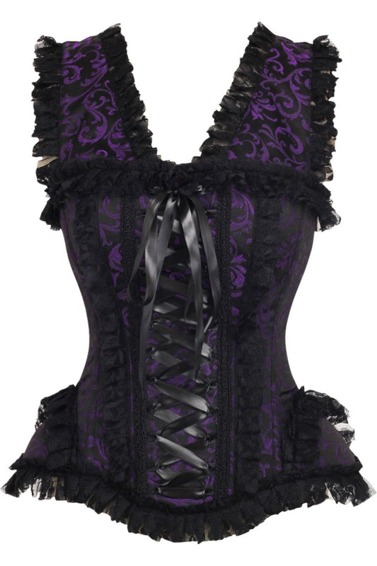 Daisy Corsets Top Drawer Purple/Black Swirl Brocade & Lace Steel Boned Corset w/Cap Sleeves - Daisy Corsets