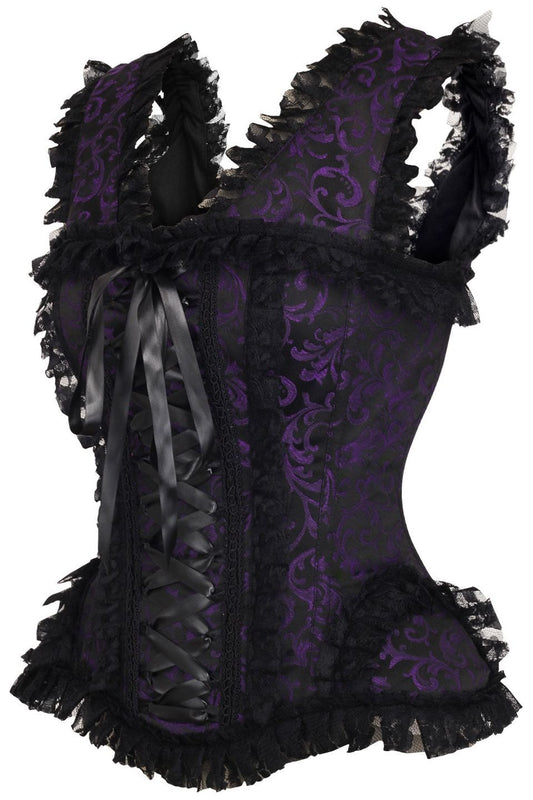 Daisy Corsets Top Drawer Purple/Black Swirl Brocade & Lace Steel Boned Corset w/Cap Sleeves