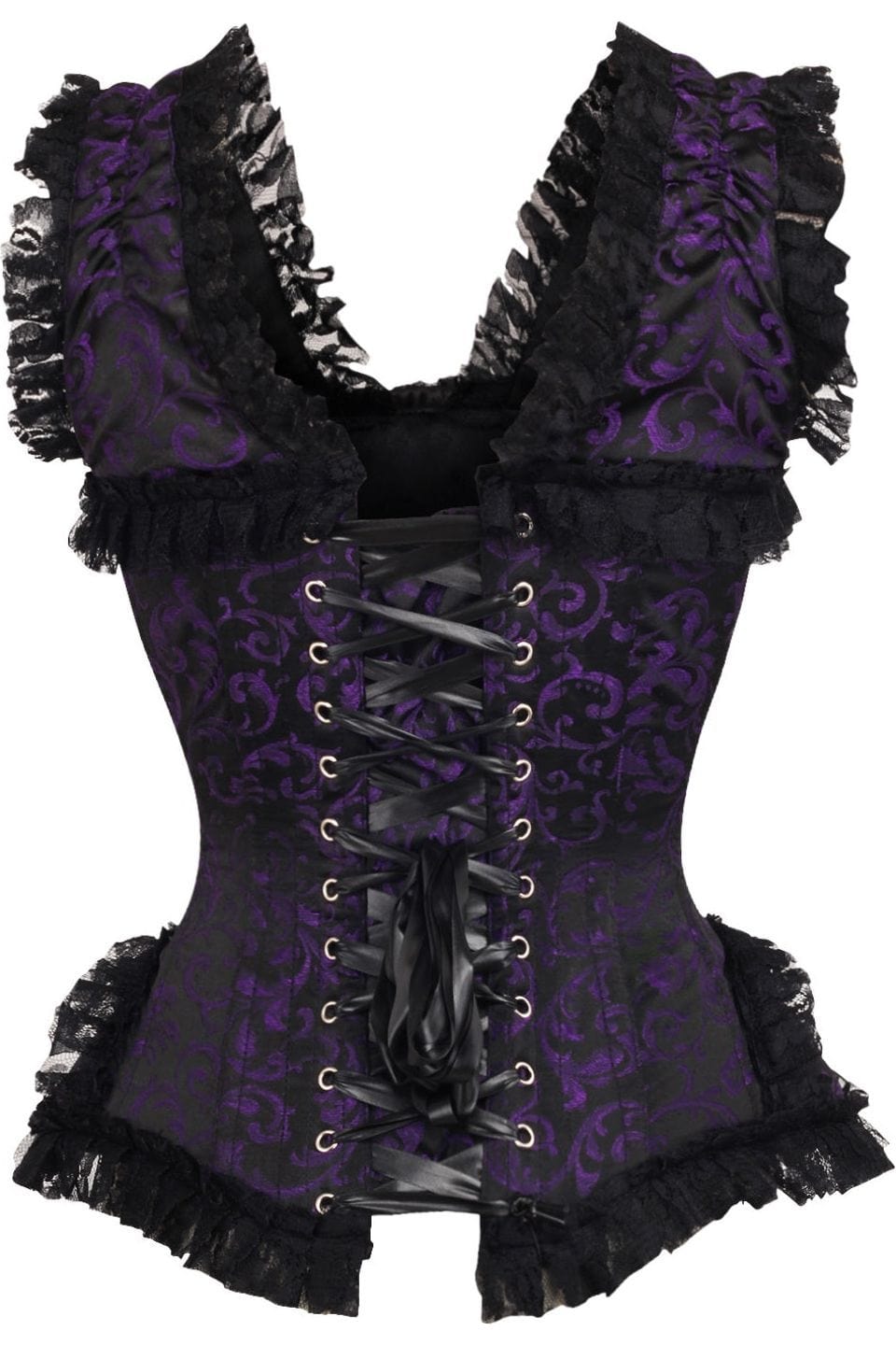 Daisy Corsets Top Drawer Purple/Black Swirl Brocade & Lace Steel Boned Corset w/Cap Sleeves - Daisy Corsets