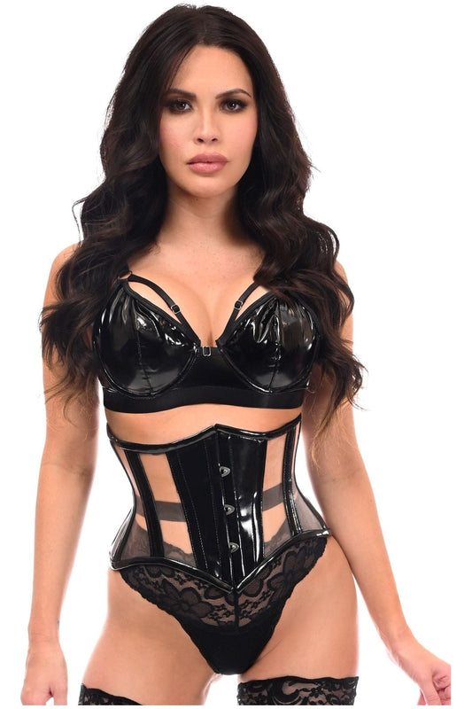 Daisy Corsets Top Drawer Black Patent & Nude Mesh Steel Boned Mini Cincher Under Bust Corset