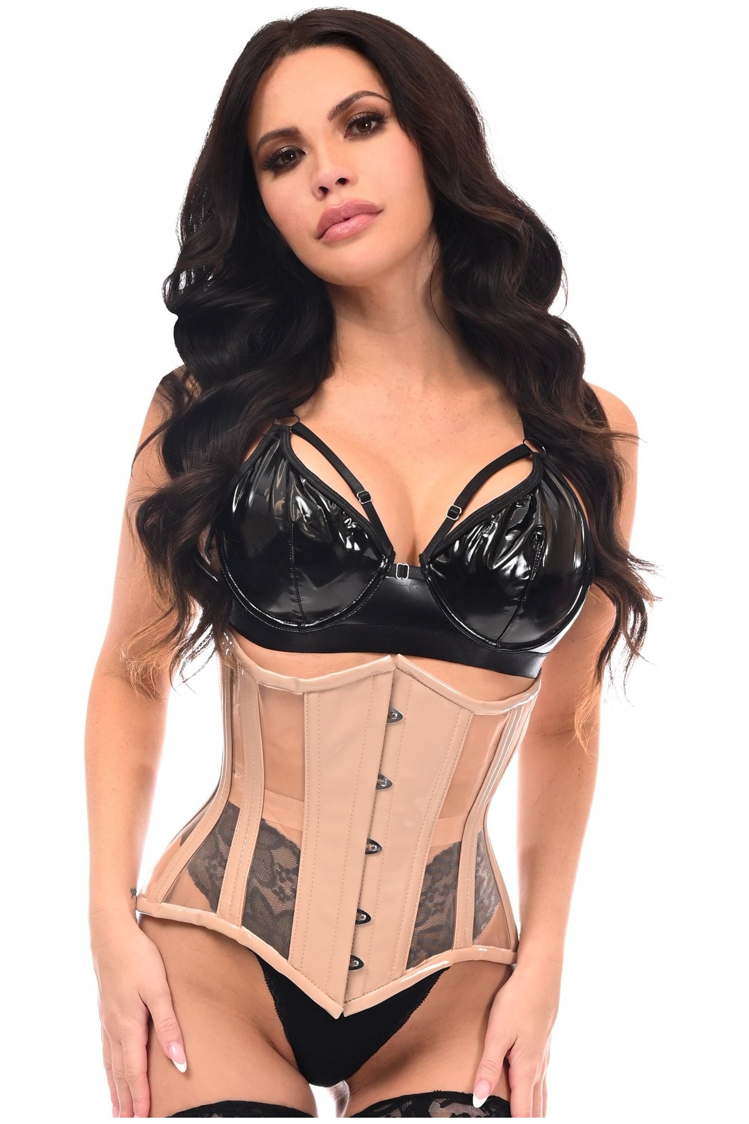 Daisy Corsets Top Drawer Nude Patent & Mesh Steel Boned Under Bust Corset