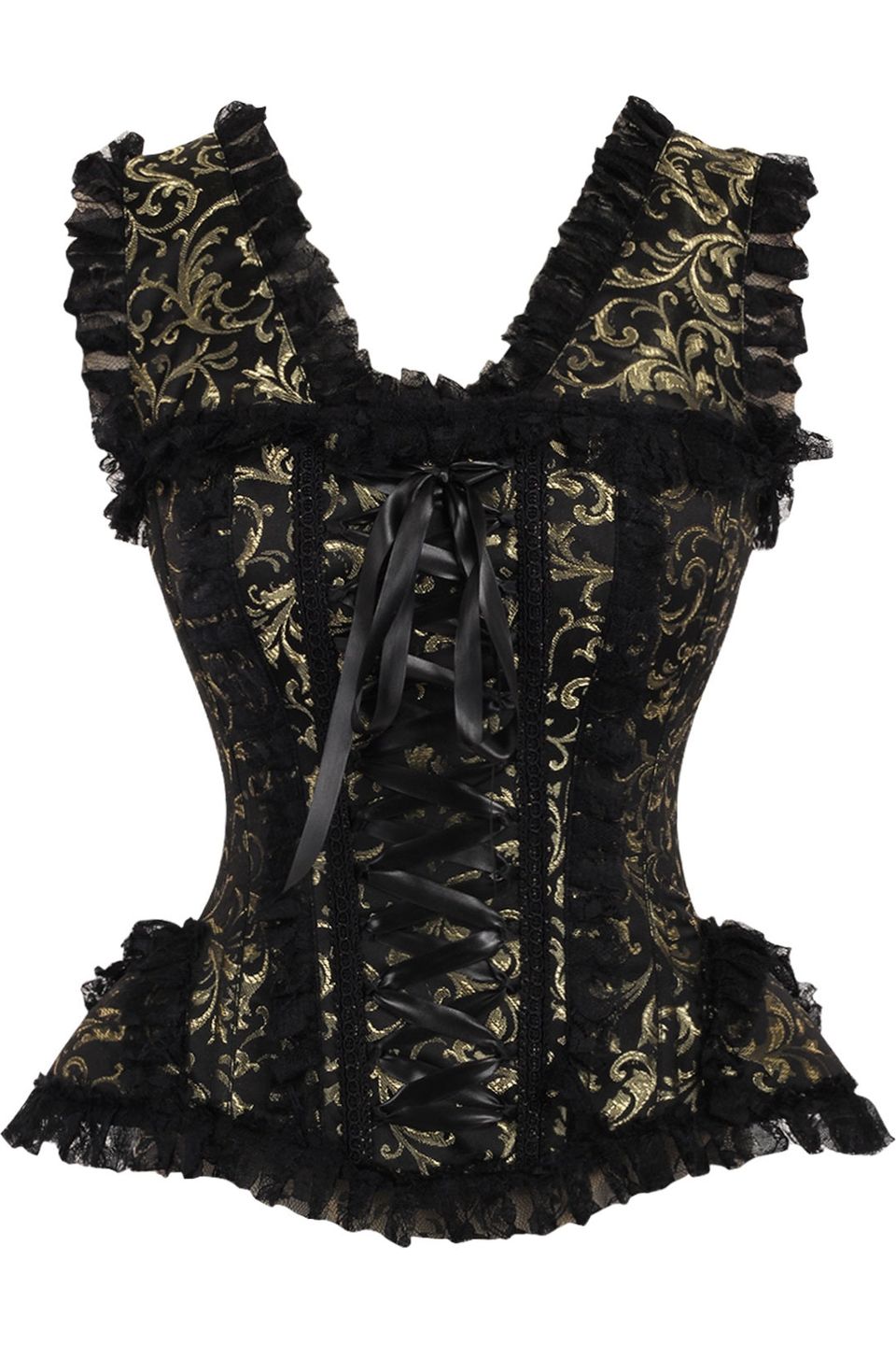 Daisy Corsets Top Drawer Gold/Black Swirl Brocade & Lace Steel Boned Corset w/Cap Sleeves