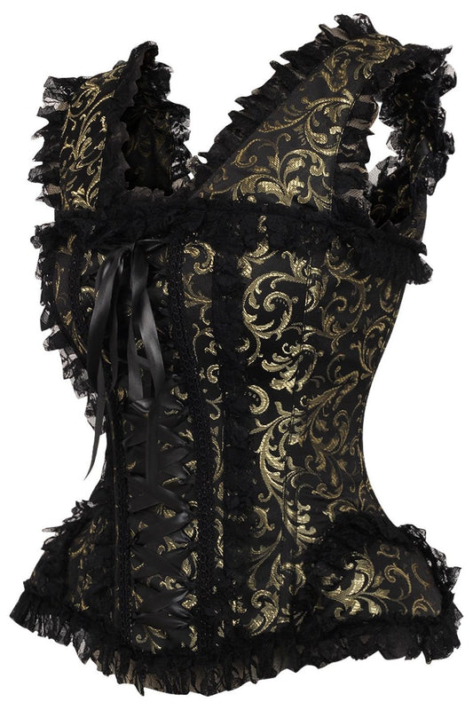 Daisy Corsets Top Drawer Gold/Black Swirl Brocade & Lace Steel Boned Corset w/Cap Sleeves