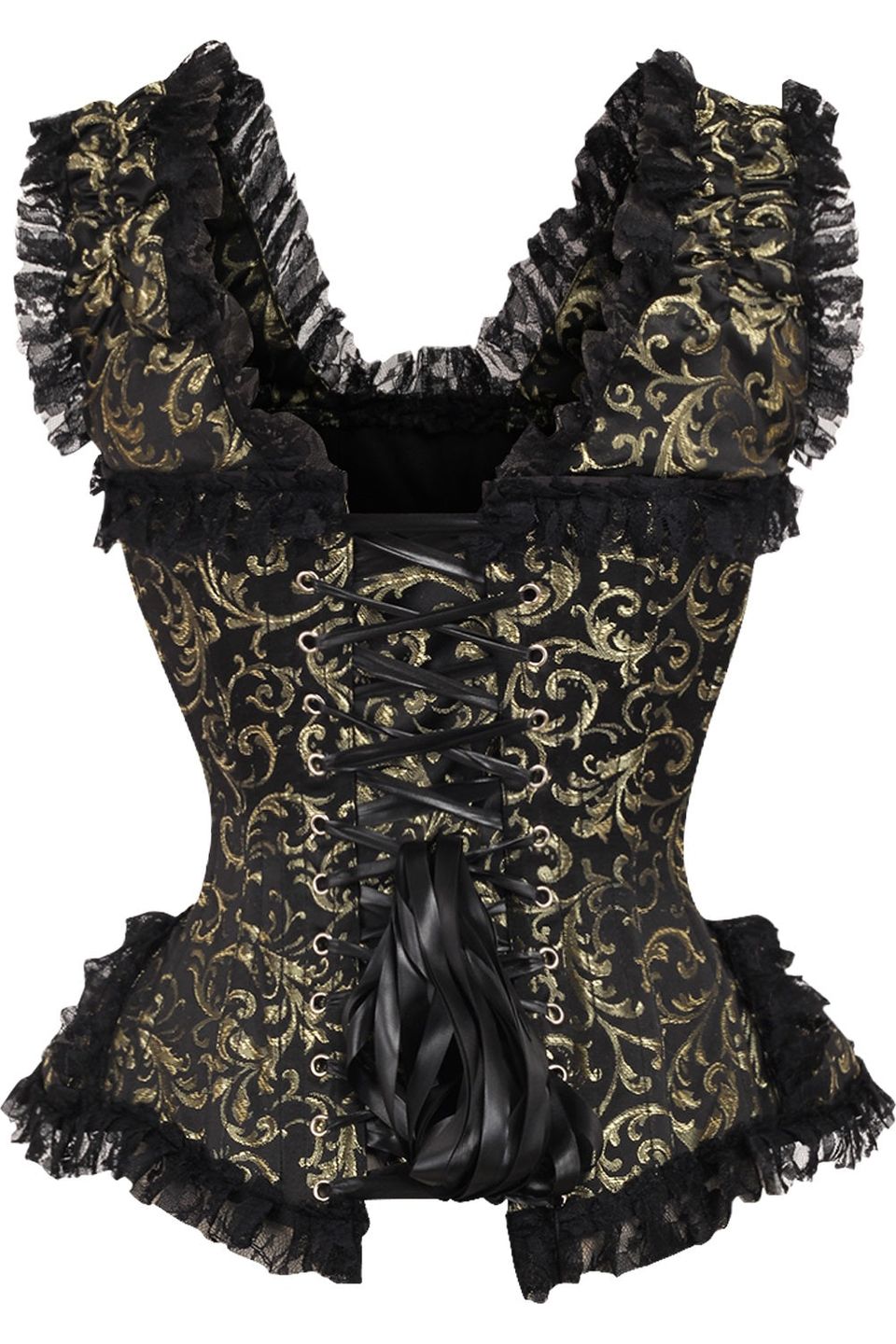 Daisy Corsets Top Drawer Gold/Black Swirl Brocade & Lace Steel Boned Corset w/Cap Sleeves