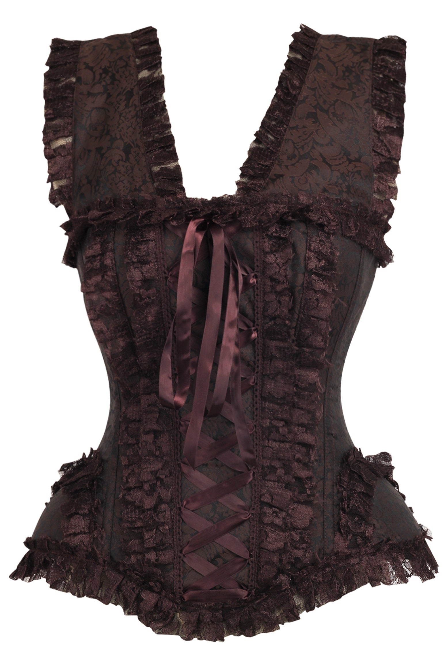 Daisy Corsets Top Drawer Brown Swirl Brocade & Lace Steel Boned Corset w/Cap Sleeves