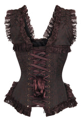 Daisy Corsets Top Drawer Brown Swirl Brocade & Lace Steel Boned Corset w/Cap Sleeves