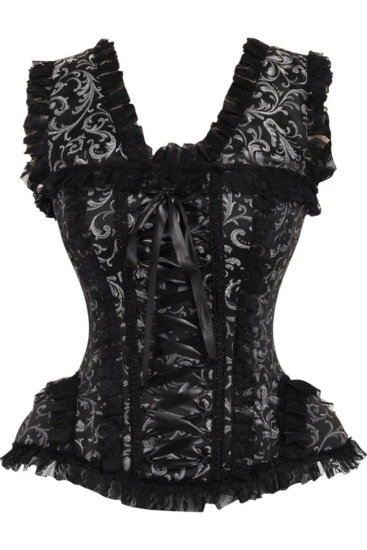 Daisy Corsets Top Drawer Silver/Black Swirl Brocade & Lace Steel Boned Corset w/Cap Sleeves - Daisy Corsets