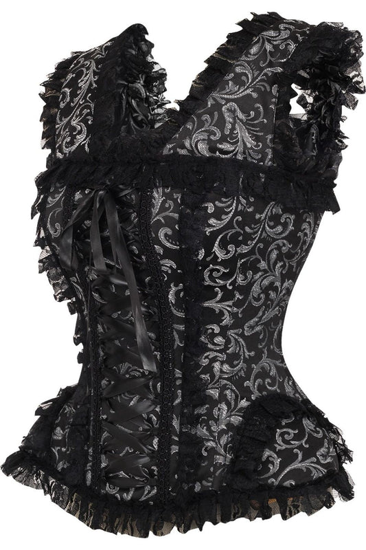 Daisy Corsets Top Drawer Silver/Black Swirl Brocade & Lace Steel Boned Corset w/Cap Sleeves - Daisy Corsets