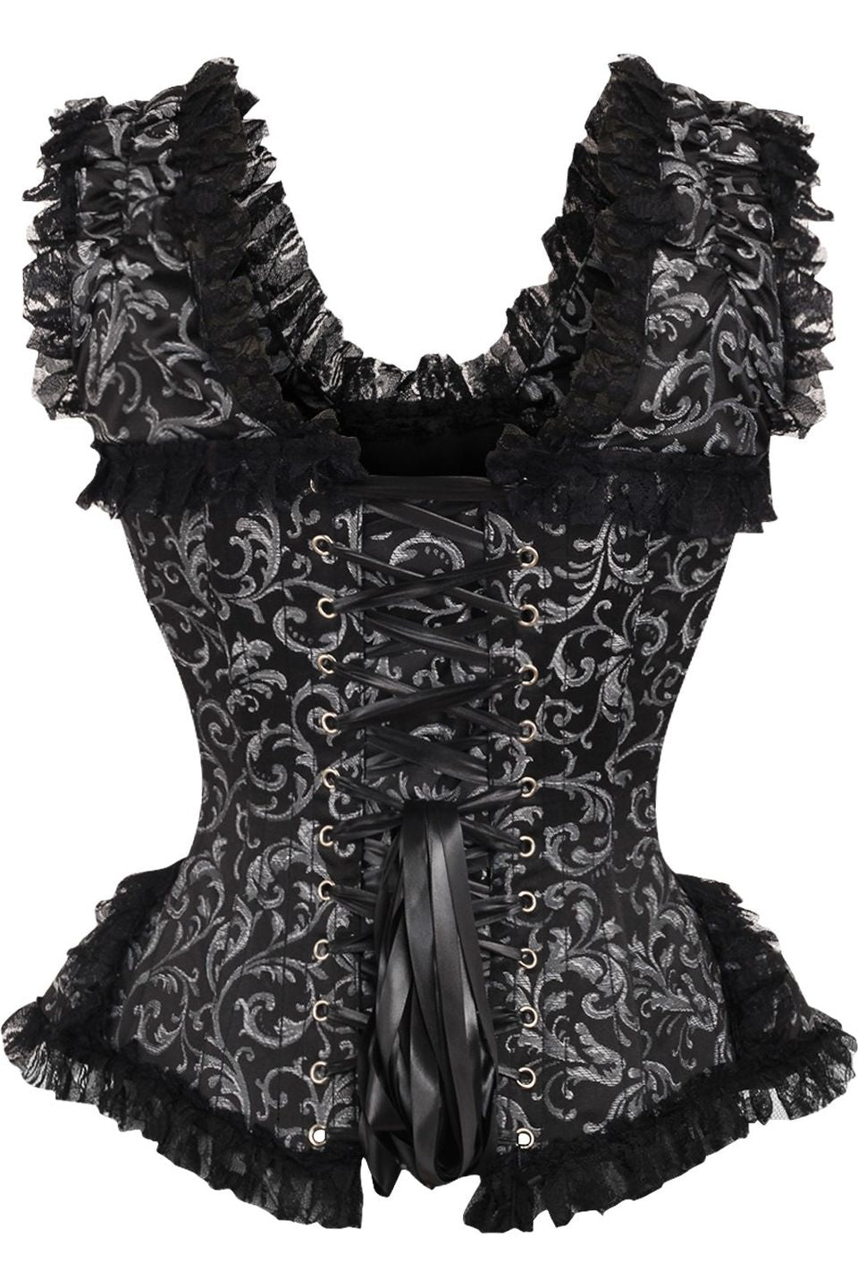 Daisy Corsets Top Drawer Silver/Black Swirl Brocade & Lace Steel Boned Corset w/Cap Sleeves