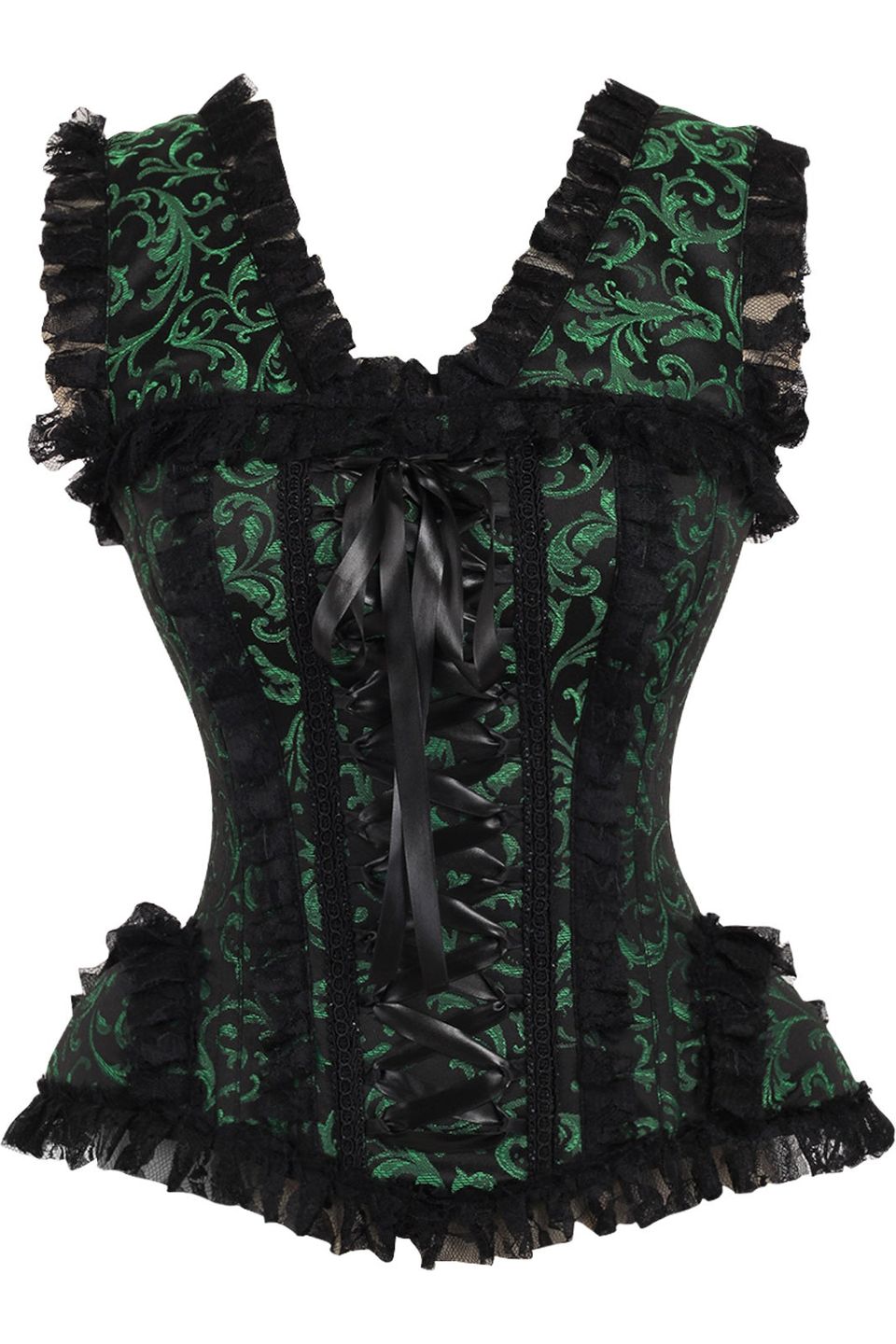 Daisy Corsets Top Drawer Green/Black Swirl Brocade & Lace Steel Boned Corset w/Cap Sleeves