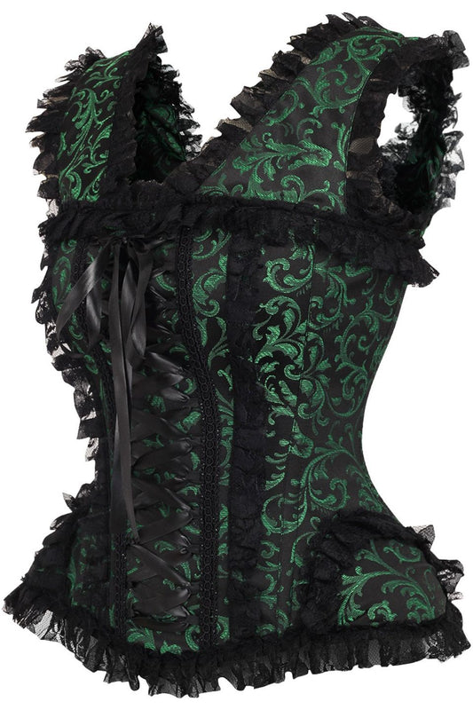 Daisy Corsets Top Drawer Green/Black Swirl Brocade & Lace Steel Boned Corset w/Cap Sleeves