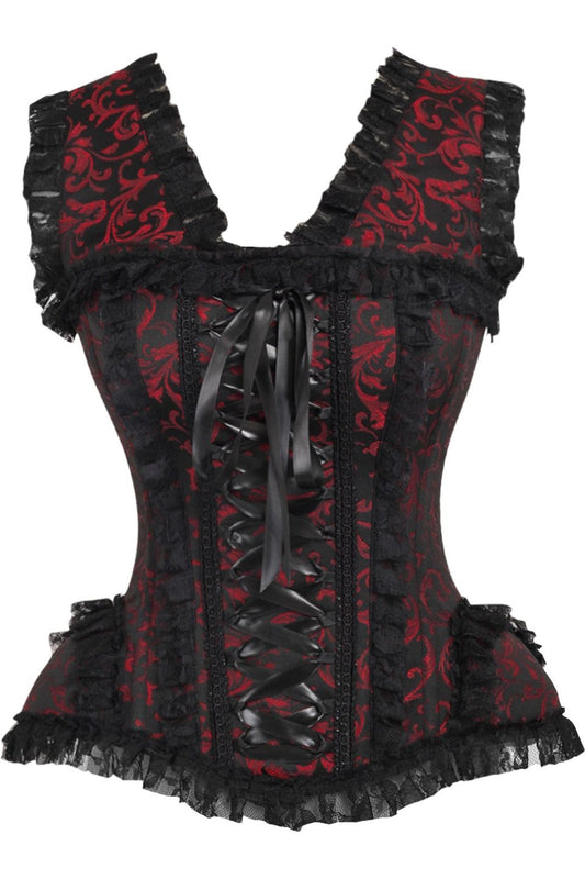 Daisy Corsets Top Drawer Red/Black Swirl Brocade & Lace Steel Boned Corset w/Cap Sleeves