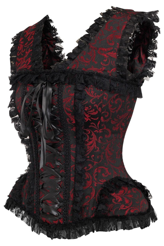 Daisy Corsets Top Drawer Red/Black Swirl Brocade & Lace Steel Boned Corset w/Cap Sleeves