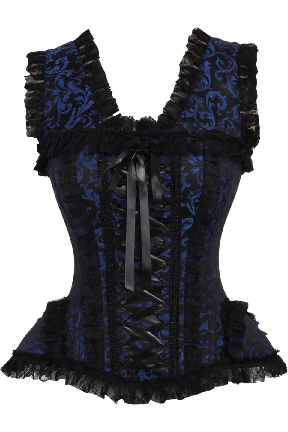 Daisy Corsets Top Drawer Blue/Black Swirl Brocade & Lace Steel Boned Corset w/Cap Sleeves