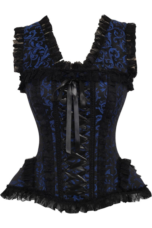 Daisy Corsets Top Drawer Blue/Black Swirl Brocade & Lace Steel Boned Corset w/Cap Sleeves - Daisy Corsets