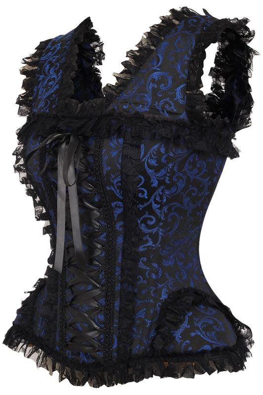 Daisy Corsets Top Drawer Blue/Black Swirl Brocade & Lace Steel Boned Corset w/Cap Sleeves - Daisy Corsets