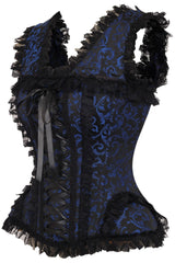 Daisy Corsets Top Drawer Blue/Black Swirl Brocade & Lace Steel Boned Corset w/Cap Sleeves