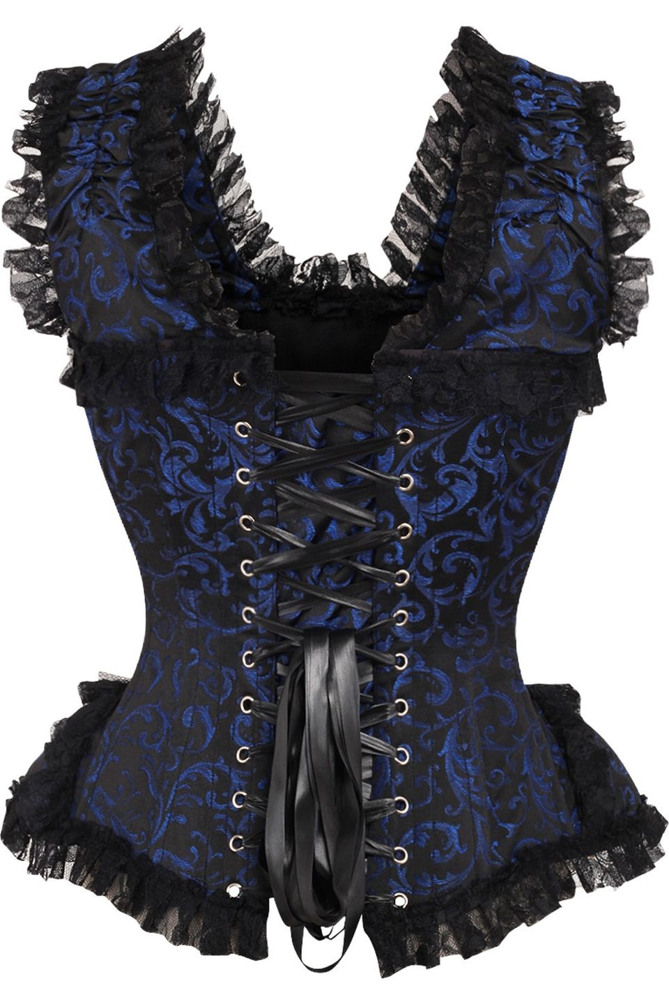 Daisy Corsets Top Drawer Blue/Black Swirl Brocade & Lace Steel Boned Corset w/Cap Sleeves