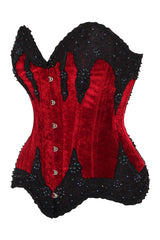 Daisy Corsets Top Drawer Dark Red Velvet & Beaded Steel Boned Overbust Corset