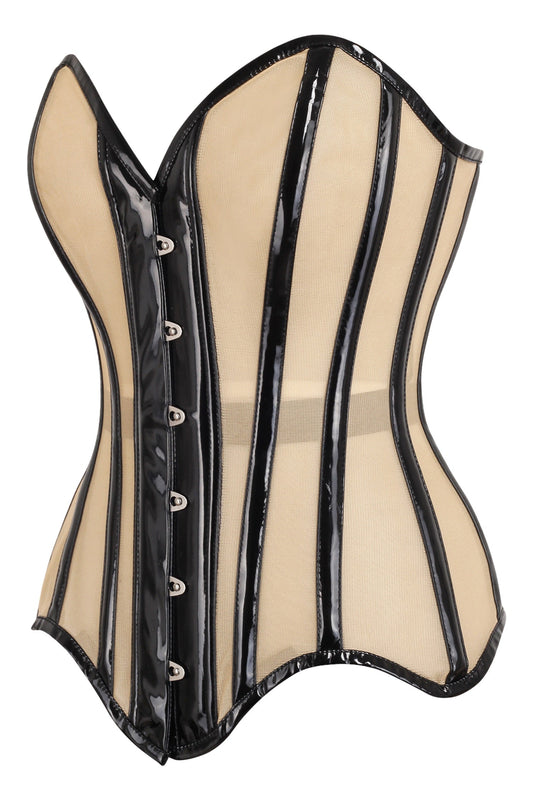 Daisy Corsets Top Drawer Nude Mesh & Black Patent Steel Boned Corset - Daisy Corsets