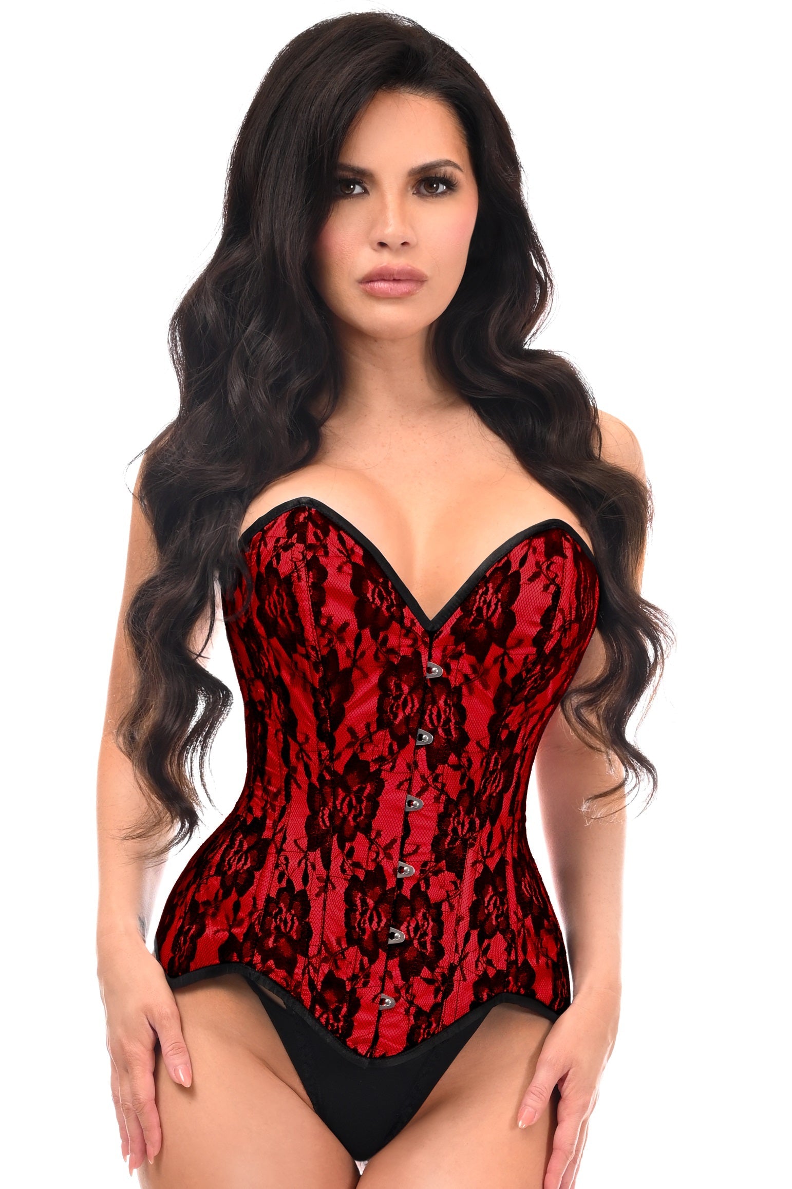 Daisy Corsets Top Drawer Red Satin w/Black Lace Overlay Steel Boned Overbust Corset