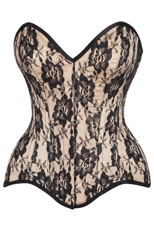 Daisy Corsets Top Drawer Nude Satin w/Black Lace Overlay Steel Boned Overbust Corset - Daisy Corsets