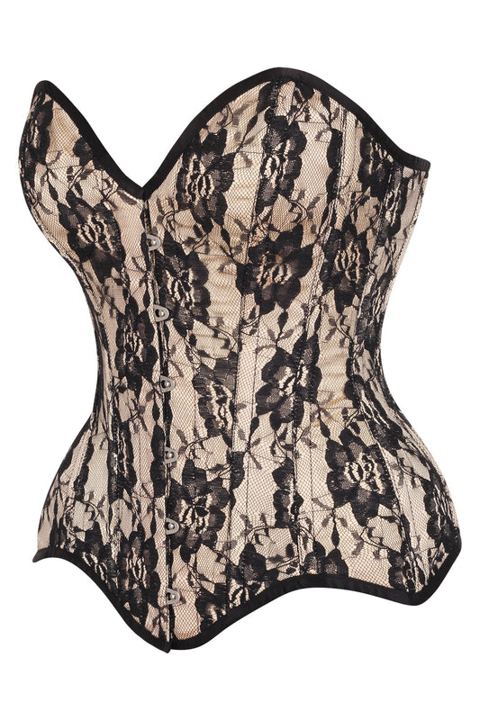 Daisy Corsets Top Drawer Nude Satin w/Black Lace Overlay Steel Boned Overbust Corset