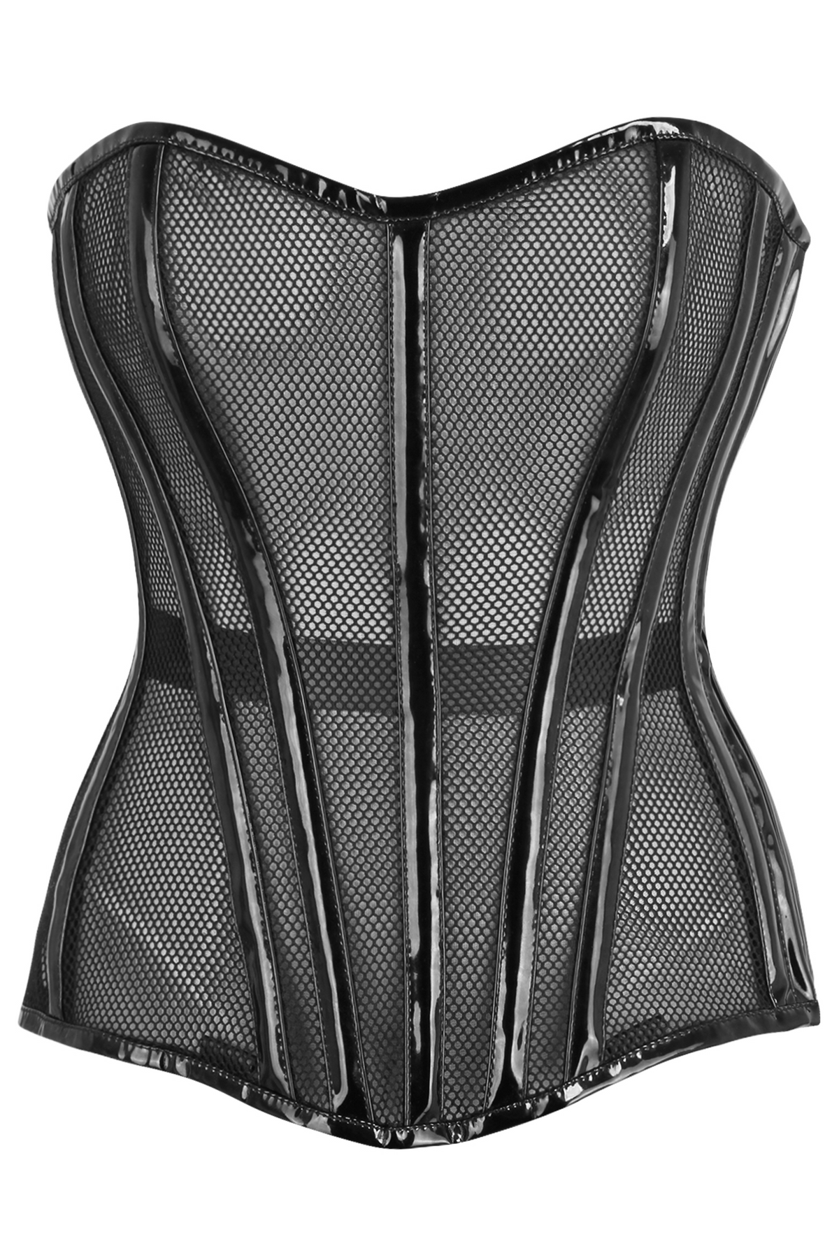 Daisy Corsets Top Drawer Black Fishnet w/Patent Steel Boned Overbust Corset