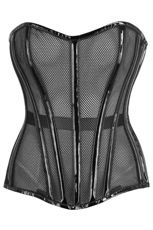 Daisy Corsets Top Drawer Black Fishnet w/Patent Steel Boned Overbust Corset - Daisy Corsets