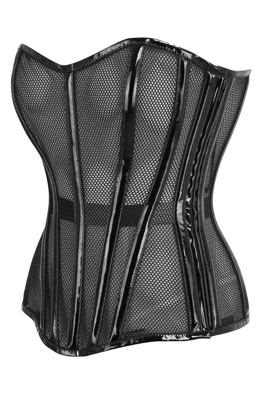 Daisy Corsets Top Drawer Black Fishnet w/Patent Steel Boned Overbust Corset