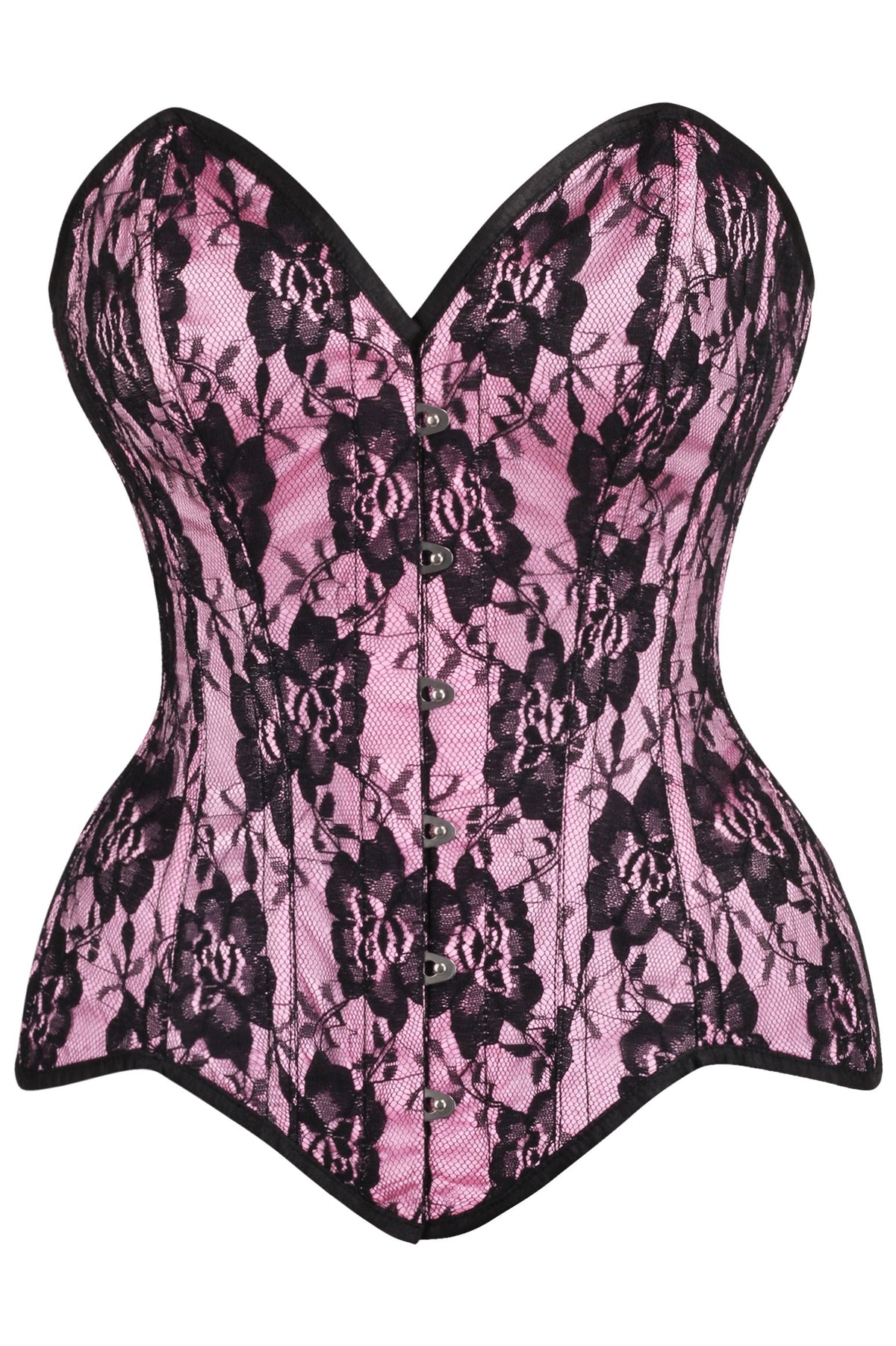 Daisy Corsets Top Drawer Pink Satin w/Black Lace Overlay Steel Boned Overbust Corset