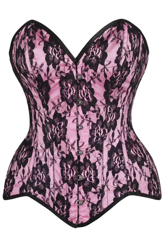 Daisy Corsets Top Drawer Pink Satin w/Black Lace Overlay Steel Boned Overbust Corset - Daisy Corsets