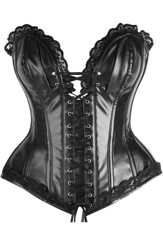 Daisy Corsets Top Drawer Black Faux Leather & Lace Trim Steel Boned Corset - Daisy Corsets