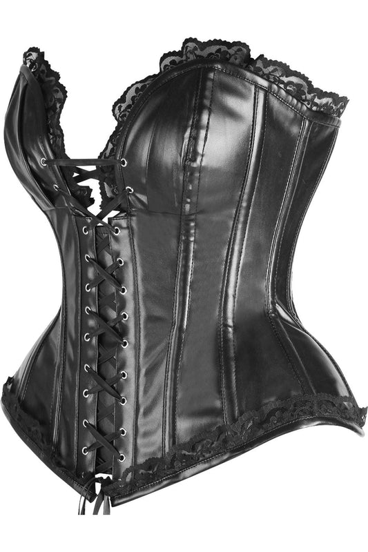 Daisy Corsets Top Drawer Black Faux Leather & Lace Trim Steel Boned Corset - Daisy Corsets