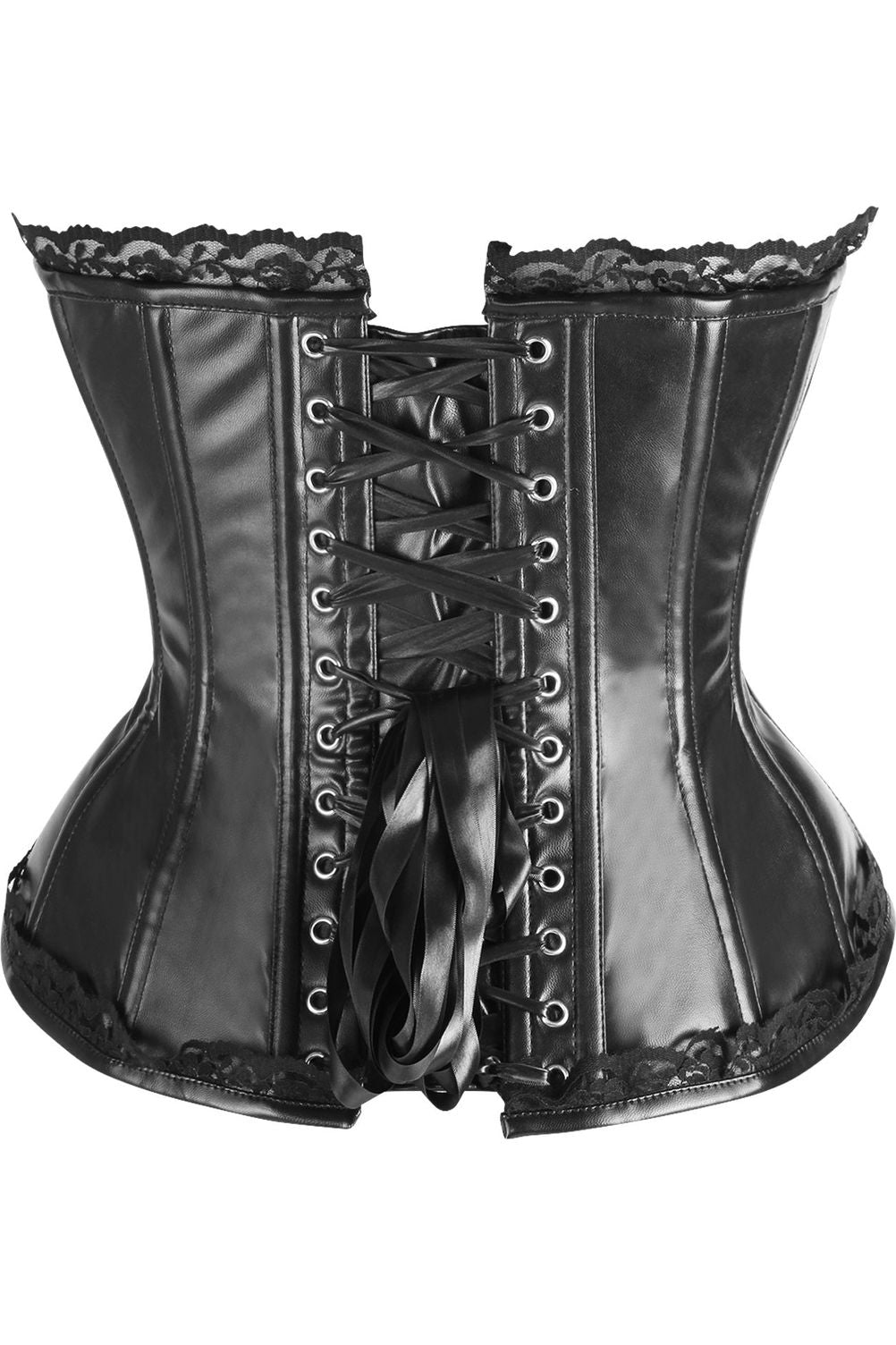 Daisy Corsets Top Drawer Black Faux Leather & Lace Trim Steel Boned Corset