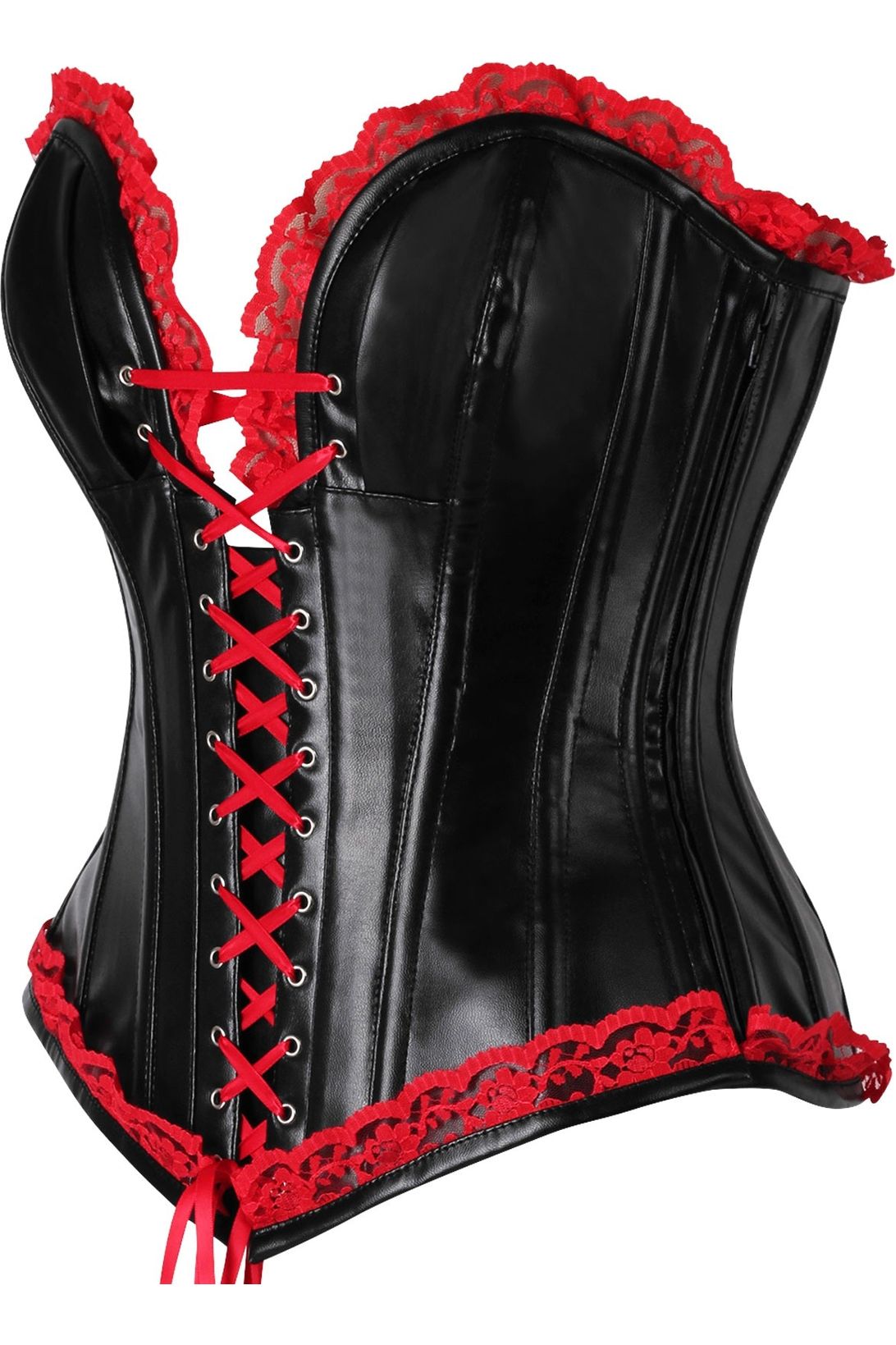 Daisy Corsets Top Drawer Black Faux Leather & Red Lace Trim Steel Boned Corset