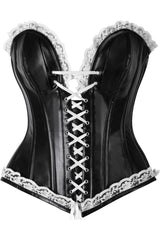 Daisy Corsets Top Drawer Black Faux Leather & White Lace Trim Steel Boned Corset