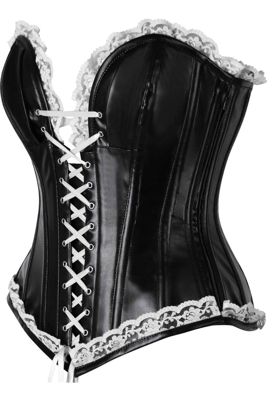 Daisy Corsets Top Drawer Black Faux Leather & White Lace Trim Steel Boned Corset