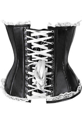 Daisy Corsets Top Drawer Black Faux Leather & White Lace Trim Steel Boned Corset