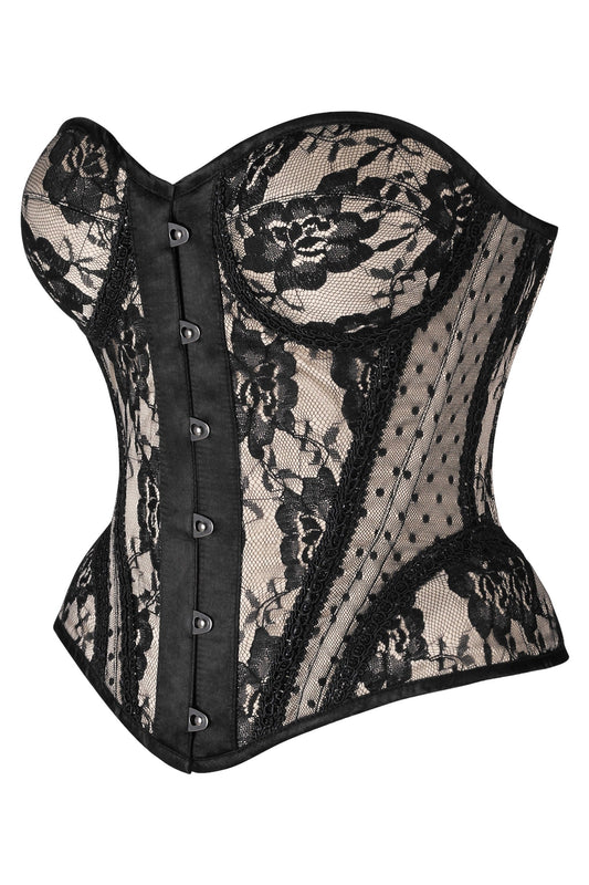 Daisy Corsets Top Drawer Nude w/Black Lace Steel Boned Underwire Bustier Corset - Daisy Corsets