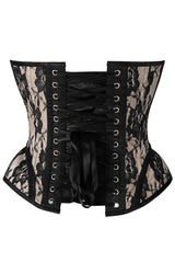 Corsé tipo bustier con varillas de acero y encaje negro en color nude de Daisy Corsets Top Drawer