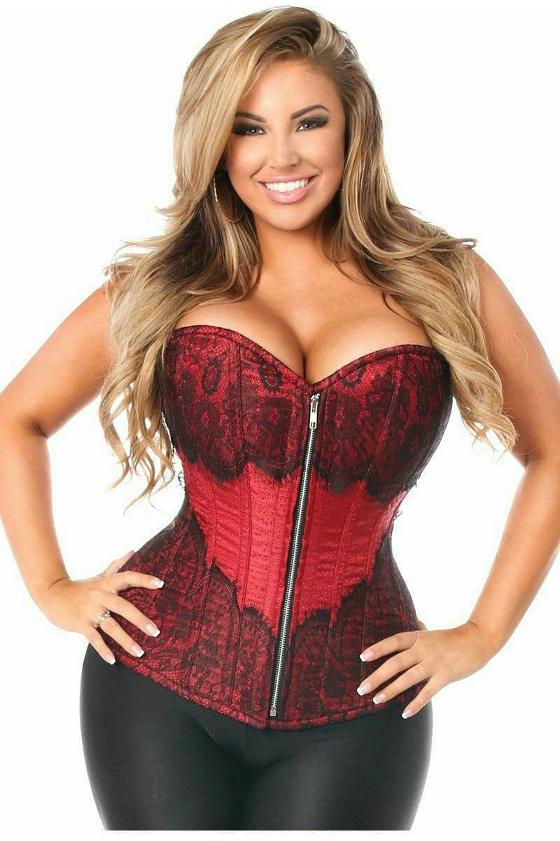 Daisy Corsets Top Drawer Wine Brocade Steel Boned Corset w/Black Eyelash Lace