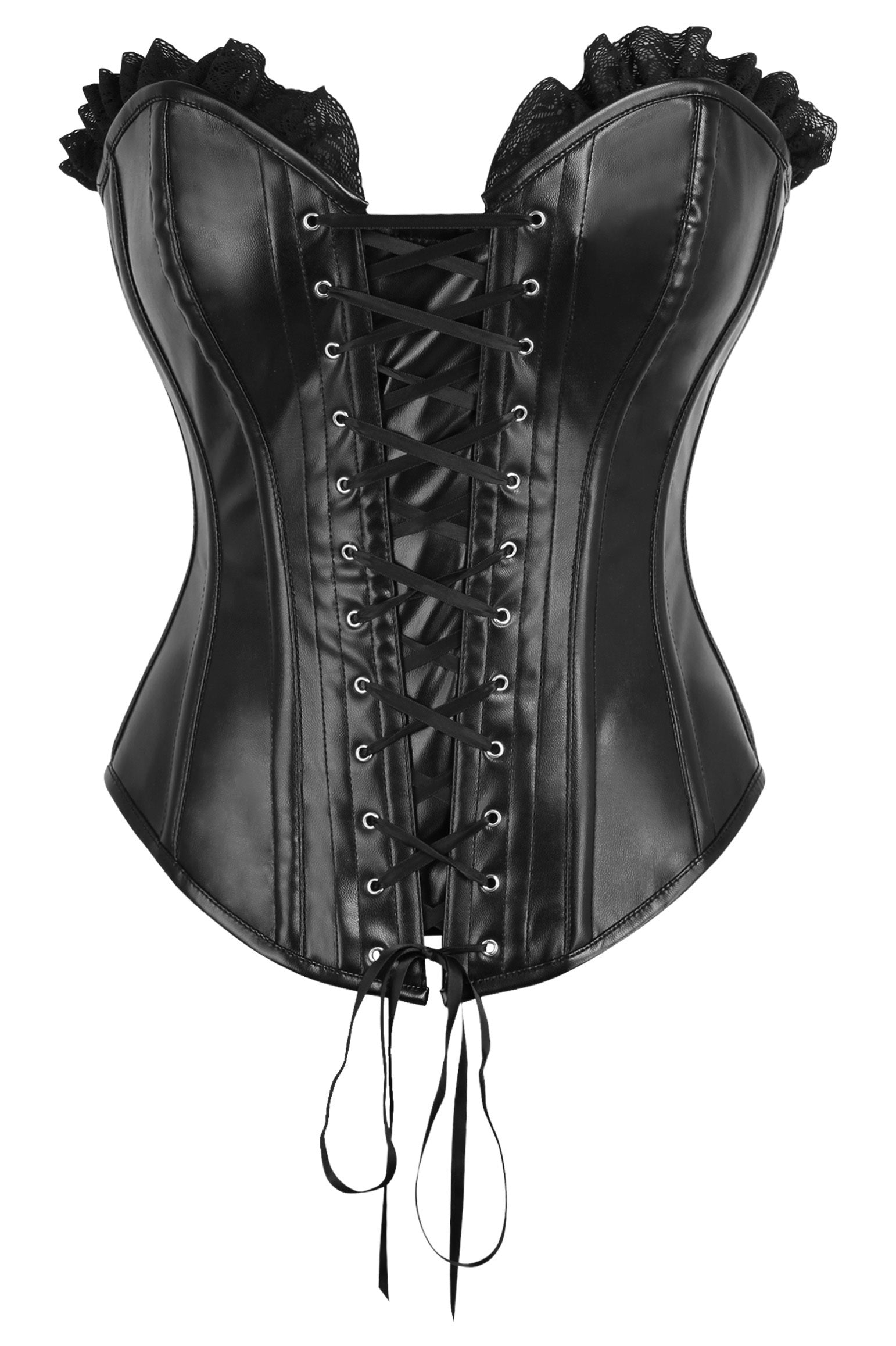 Daisy Corsets Top Drawer Black Faux Leather & Black Lace Trim Lace-Up Steel Boned Corset - Daisy Corsets