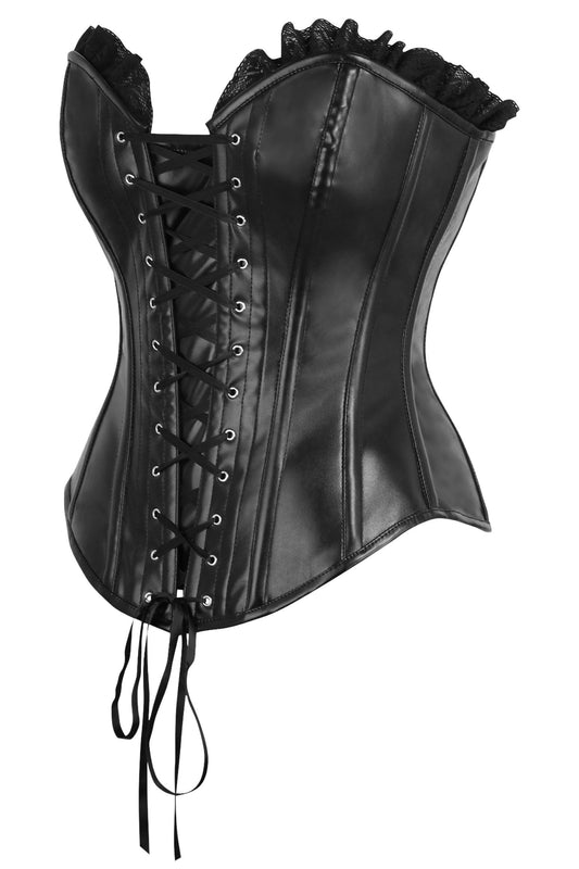 Daisy Corsets Top Drawer Black Faux Leather & Black Lace Trim Lace-Up Steel Boned Corset - Daisy Corsets