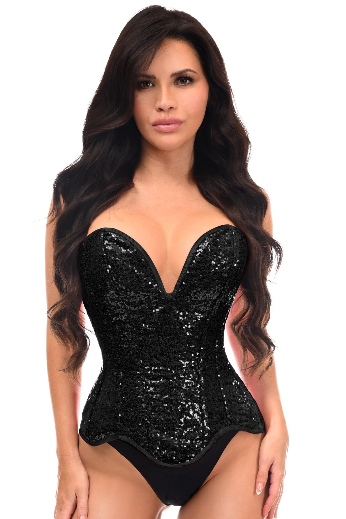 Daisy Corsets Top Drawer Steel Boned Black Sequin Plunge Neckline Overbust Corset