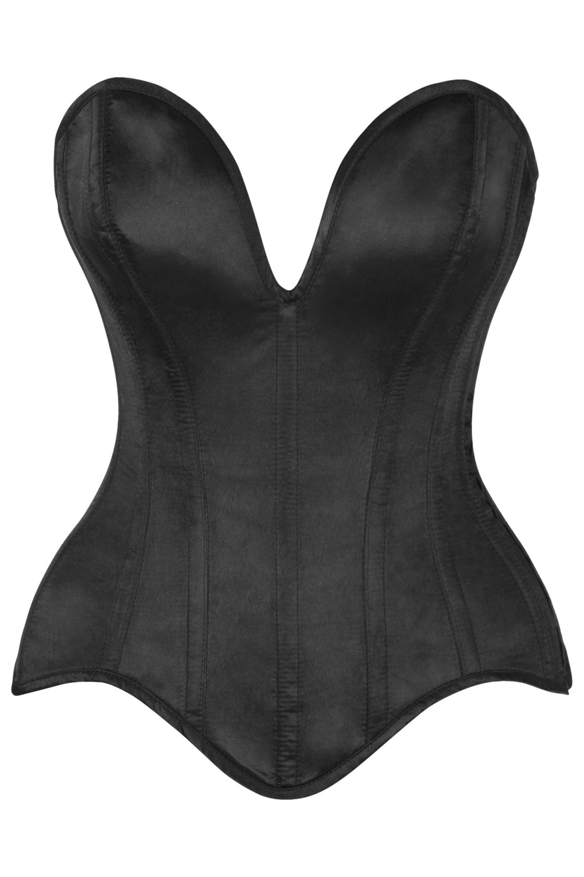 Daisy Corsets Top Drawer Steel Boned Black Satin Plunge Neckline Overbust Corset