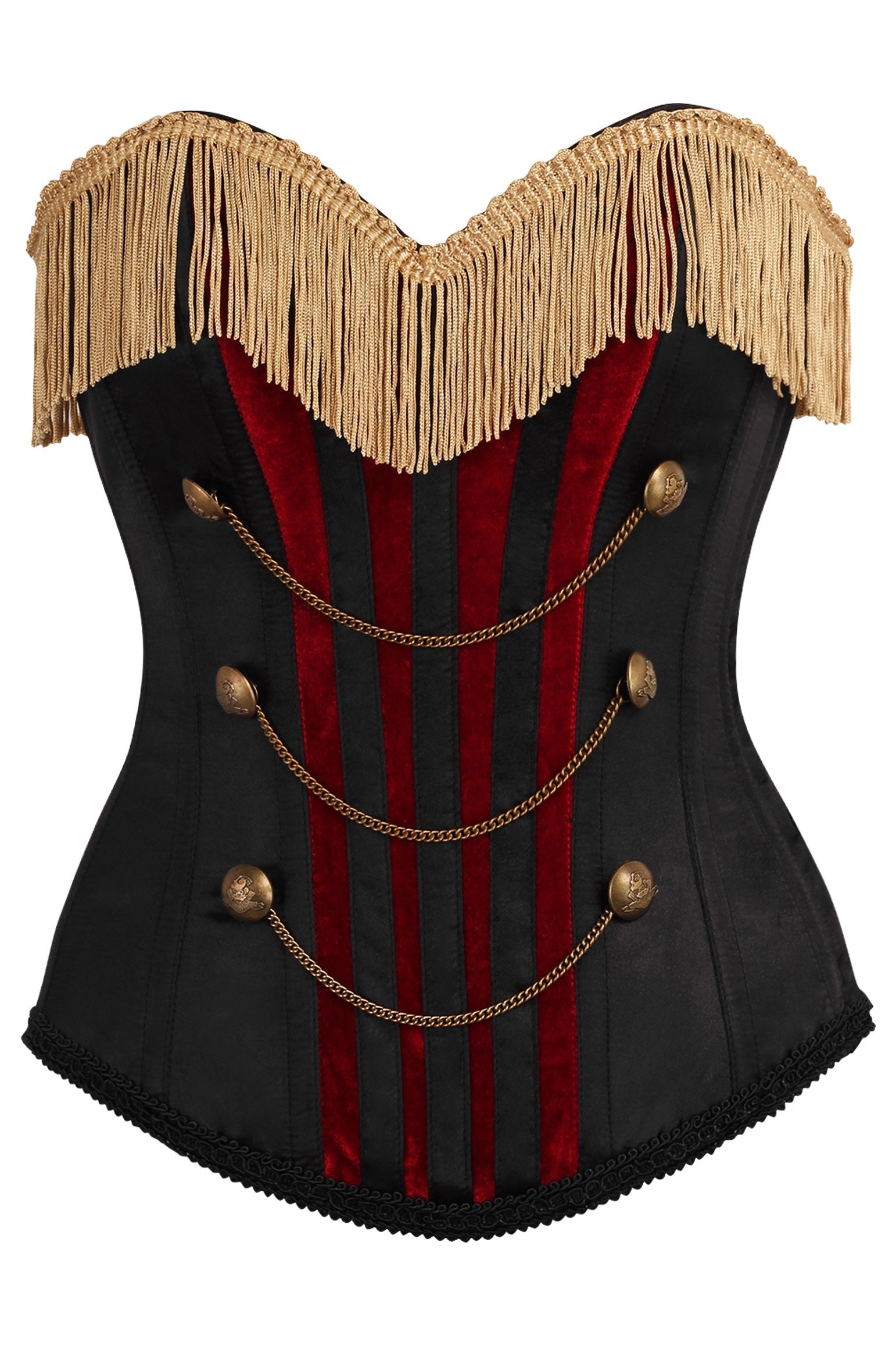 Daisy Corsets Top Drawer Burlesque Black/Dark Red Steel Boned Corset w/Gold Fringe