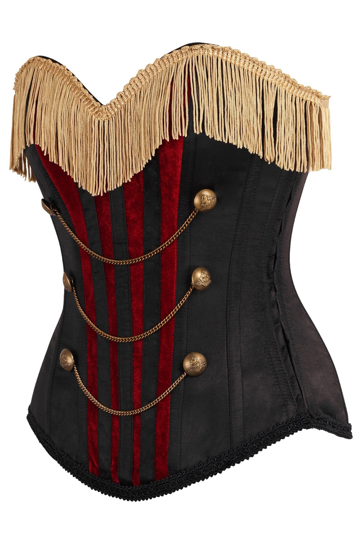 Daisy Corsets Top Drawer Burlesque Black/Dark Red Steel Boned Corset w/Gold Fringe