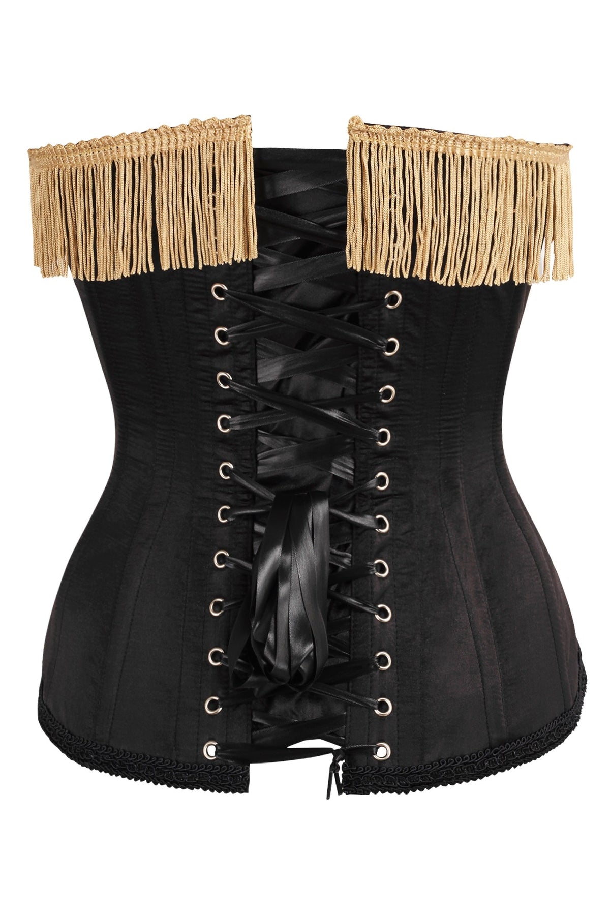 Daisy Corsets Top Drawer Burlesque Black/Dark Red Steel Boned Corset w/Gold Fringe