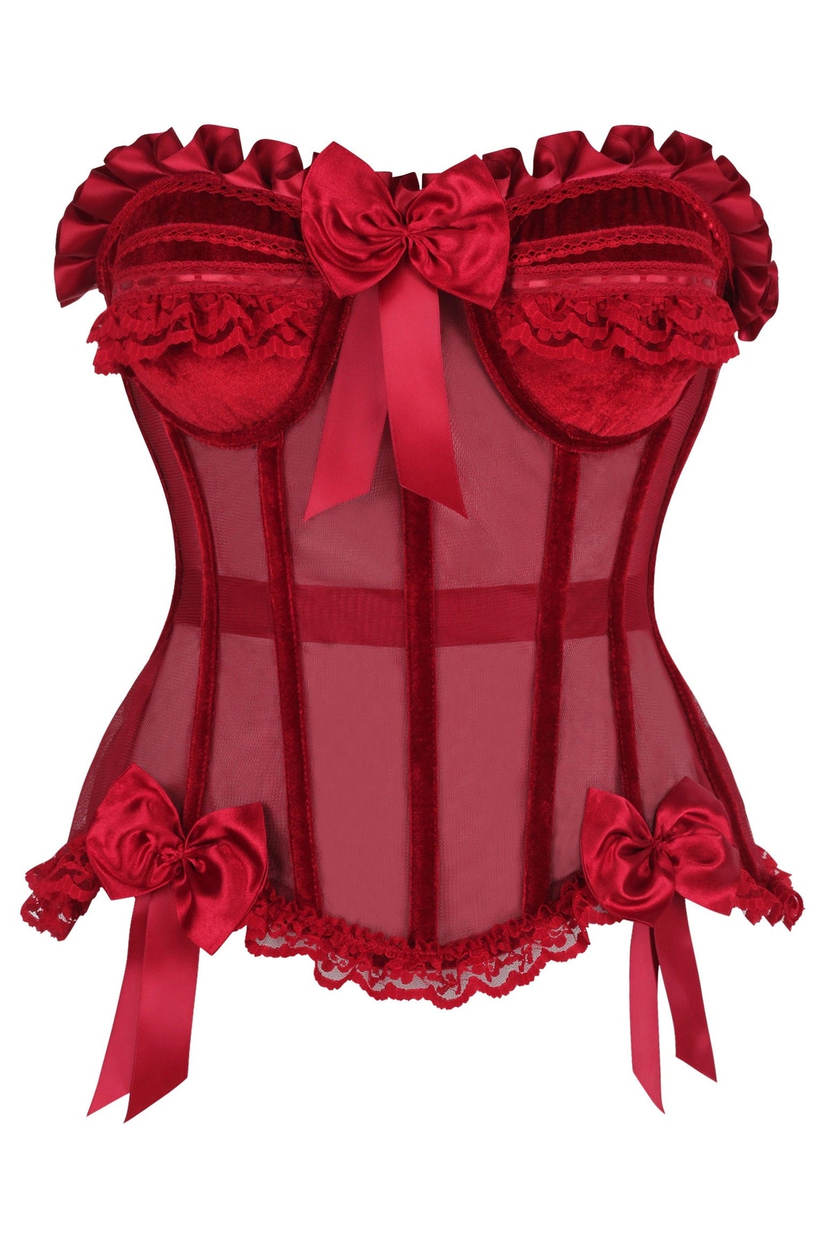 Daisy Corsets Top Drawer Steel Boned Dark Red Mesh & Velvet Underwire Bustier Corset